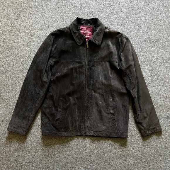 NWT Eddie Bauer Seattle Suede Leather Trucker Jacket Full Zip Brown Large Tall - Picture 1 of 16